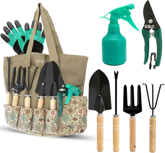 Scuddles Heavy Duty Garden Tool Bag with Stainless Steel Hand Tools, Non Slip Rubber Grip Wooden Handles, Garden Gloves with Fingertip Claws, Reinforced Tote for Planting, Pruning, Landscaping