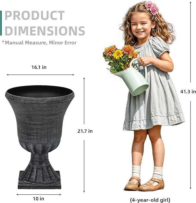 22" Large Urn Planters Set of 2, Washed Black Planters for Indoor Outdoor Plants, Versatile Outdoor Flower Pots w/Drainage Holes for Balcony, Patio, Garden, Porch & Living Room Decor