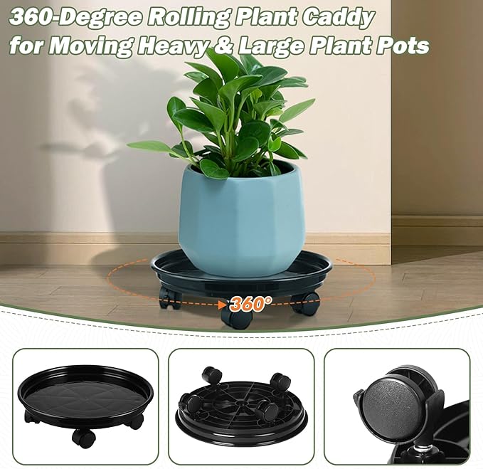 Planterhoma 6 Packs Plastic Plant Caddy with Casters 12” Plant Dolly Heavy Duty Rolling Plant Stand with Wheels for Indoor and Outdoor Large Heavy Plant Pot Rollers, Black and Grey