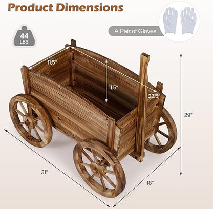 Giantex Wood Wagon Planter Set of 2, Rustic Rolling Flower Pot Stand with Wheels, Handle & Drainage Hole for Growing Vegetables Herbs, Indoor Outdoor Decorative Cart for Patio Balcony Garden