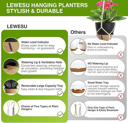 Set of 2 Hanging Planters for Indoor Plants with Self Watering Includes Hanging Pots and 2 Types Plant Hangers, Outdoor Hanging Baskets Holder for Home Garden, 10 Inch Midnight Black