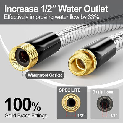 SPECILITE 1/2" 304 Stainless Steel Garden Hose, 75FT Water Pipe with Heavy Duty Metal Nozzle for Yard, Outdoor, Lawn - Flexible, Never Kink & Tangle, Puncture Resistant