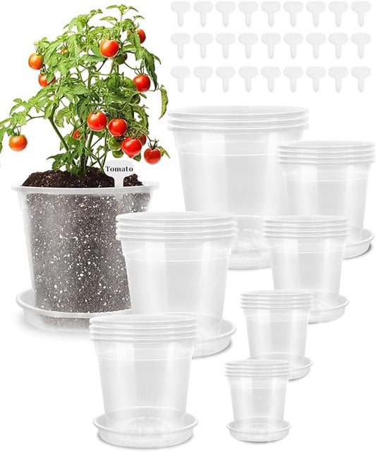 27 Pack Clear Nursery Pots with Drainage 12/9.5/8/7.5/6.7/5/4.5 Inch Nursery Pots with Saucers Transparent Seed Starting Pots Including Plant Labels for Indoor Outdoor Home Gardening