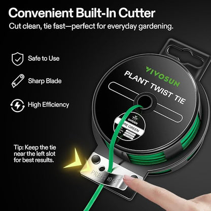 VIVOSUN Twist Ties, 164 ft (50m) PE-Coated Green Plant Ties with Cutter, Reusable & Flexible Tomate Ties for Plant Support, Indoor Outdoor Gardening, Cable Management, Home Office Organization