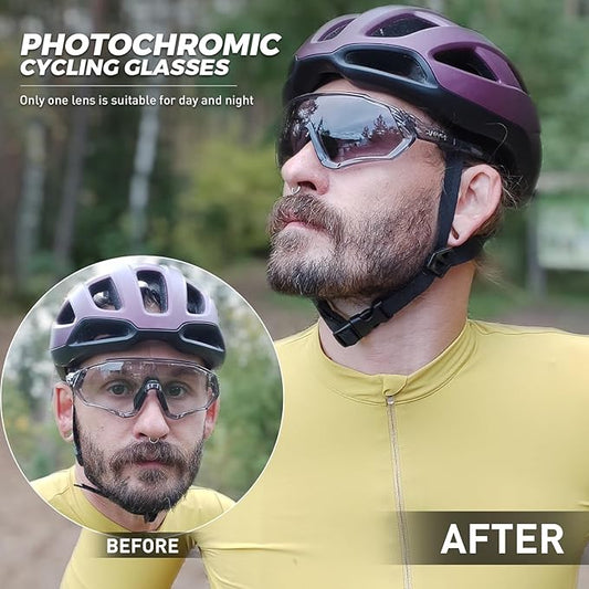 KAPVOE Photochromic Cycling Glasses Men Women Mountain Bike Sunglasses Clear MTB Bicycle Riding - K9408