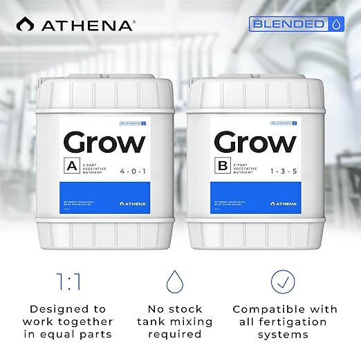 Athena Blended Grow A&B | 2-Part Vegetative Liquid Fertilizer for Hydroponics & Soil | Plant Food for Veg Stage Growth | NPK A 4-0-1 | B 1-3-5 | 5 Gallon