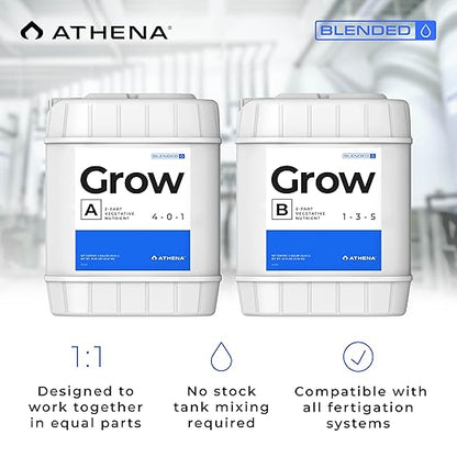 Athena Blended Grow A&B | 2-Part Vegetative Liquid Fertilizer for Hydroponics & Soil | Plant Food for Veg Stage Growth | NPK A 4-0-1 | B 1-3-5 | 5 Gallon