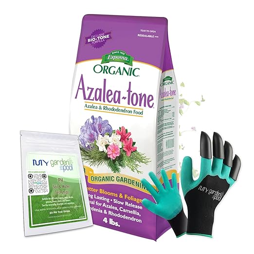 Espoma AT8 Azalea-Tone 4-3-4; 8 lb. with My Garden Pool PH Soil Test Strips 20 ct, and My Garden Pool Superior Gardening Claw Gloves and Garden-IQ, Smart Gardening AI Assistant!