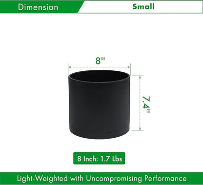 D'vine Dev 8 Inch Plastic Planter Pots for Plant Pot with Drainage Hole and Seamless Saucers, Black Color, 74-X-B-1