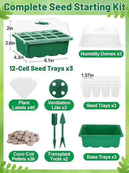 Apipi 3 Pack Seed Starter Kit with 36 Coco Coir Pellets - 36 Cell Seed Starter Trays with Domes for Indoor Greenhouse Germination, Home Gardening System for Vegetables/Herbs/Flowers