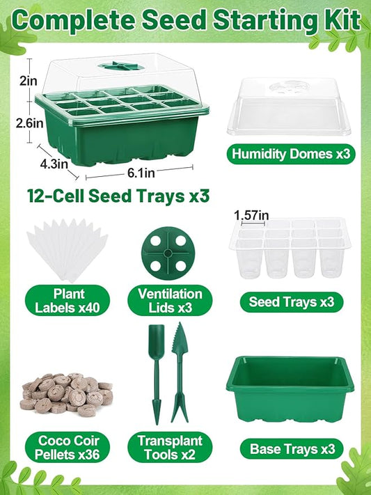 Apipi 3 Pack Seed Starter Kit with 36 Coco Coir Pellets - 36 Cell Seed Starter Trays with Domes for Indoor Greenhouse Germination, Home Gardening System for Vegetables/Herbs/Flowers