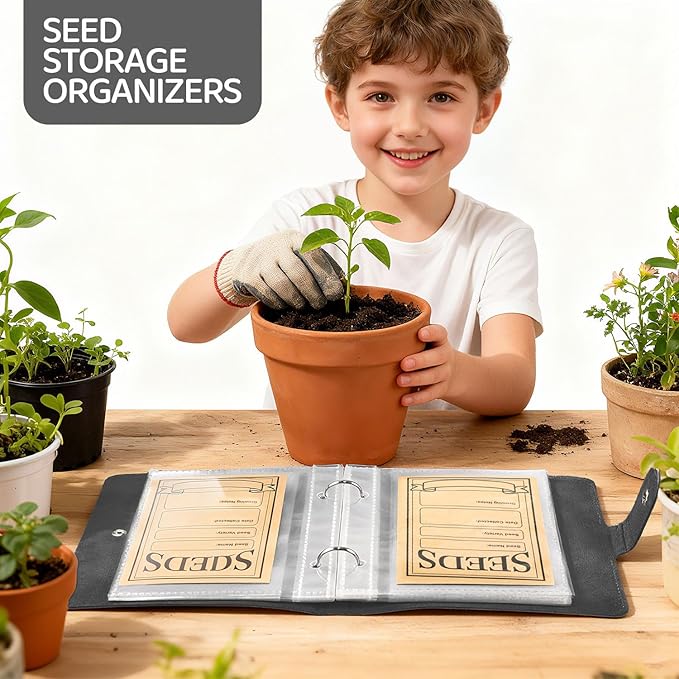 Seed Storage Organizer Binder, Leather Seed Packet Organizer with 50 Pack Seed Envelopes, Garden Seed Storage Holder Book, Plant Seed Saver, Flower Seed Keeper, Black, 3.1 x 4.7 Inch Seed Envelopes