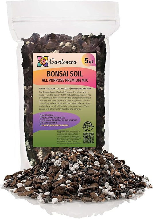 GARDENERA Premium Bonsai Soil All Purpose Fast Draining Mix - 5 Quart - Pumice, Lava, Calcined Clay and Pine Bark Potting Pre Mixed Bonsai Plant Soil Mixture - Made in USA