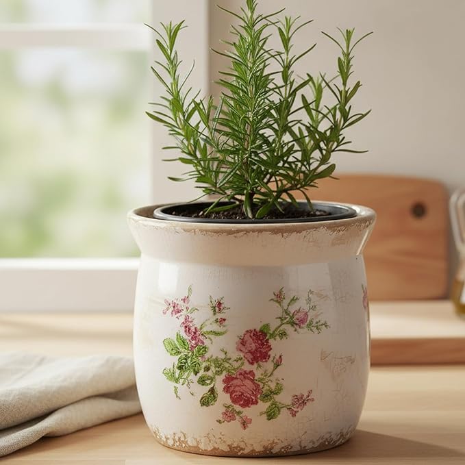 Cottage Ceramic Pots for Plants, 6.21 Inch Vintage Shabby Chic Planters for Indoor Plants, French Country Spring Balcony & House Decor, Pink Floral Vases for Centerpieces, Gardening Gifts