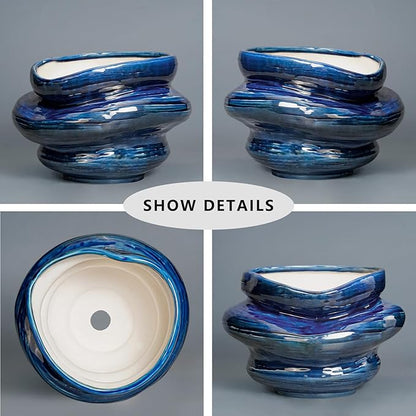 Ceramic Pots for Plants - 10.6 Inch Ceramic Planter with Drainage Hole, Decorative Planters for Indoor Outdoor, Unique Flower Pots, Garden Office House Decor, Birthday Housewarming Gifts, Blue