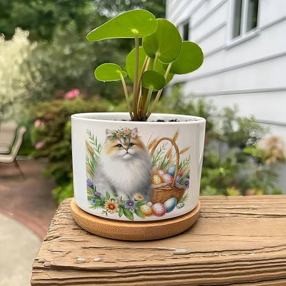 DreamAutumn Watercolor Easter Cat Ceramic Flower Pots,Gardening Plant Pot with Drainage Holes and Saucers Round Ceramic Pots for Indoor Plants Succulent Herbs Cactus Pots for Dad Papa Grandpa