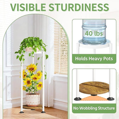 KMOTASUO 2 Tier White Plant Stand Indoor for Large Tall Heavy Duty Planter, Multiple Sturdy Metal Flower Corner Rack for Narrow House Floor, Iron Vertical Level Round Orchi Holder Organizer, Modern