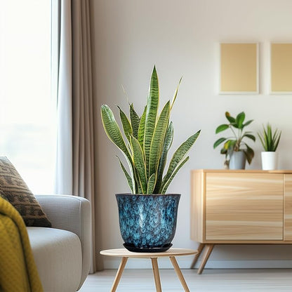 8 Inch Plant Pot - Ceramic Planter for Indoor Outdoor, Round Planter with Drainage Hole and Saucer, Modern Planters, Flower Pots, Apartment Porch Room Home Decor, Gardening Gifts, Blue