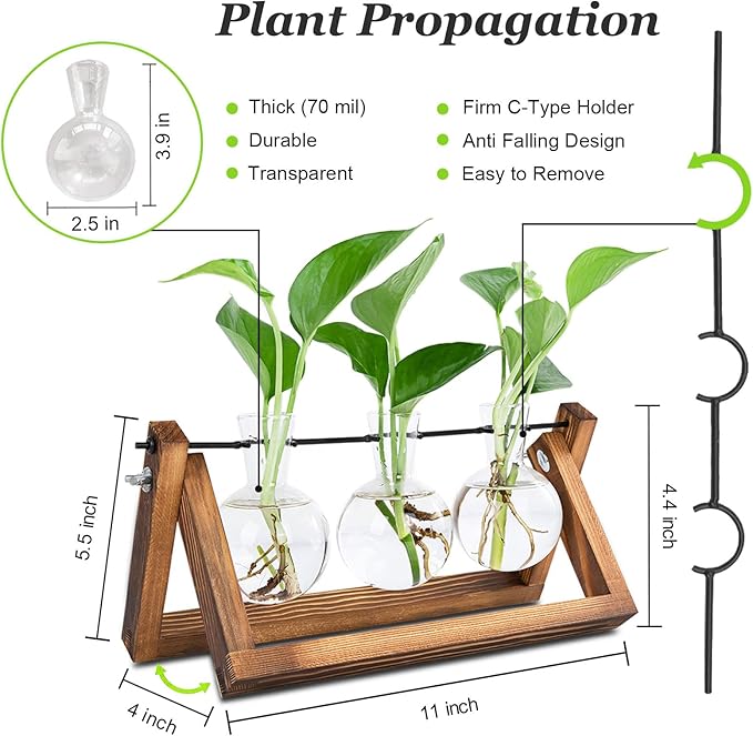 Plant Propagation Stations with Wooden Stand & 3 Glass Bulb Vases - Plant Terrarium for Indoor Plants, Home Office Desk Decor, Gardening Gifts for Women Mom, Birthday Gifts for Plants Lovers