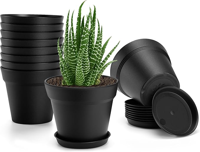 10 Pack Plastic Plant Pots with Drainage Holes and Tray, 5 inch Thickened Indoor Planters Seedlings Nursery Pots for Flowers, African Violet, Succulent and All House Plants, Black