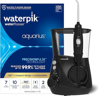 Waterpik Aquarius Water Flosser For Teeth Cleaning, Gums, Braces, Dental Care, Electric Power With 10 Settings, 7 Tips For Multiple Users And Needs, ADA Accepted, Black WP-662, Packaging May Vary