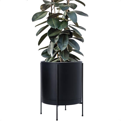 D'vine Dev 16 Inch Black Planter Pot with Stand – Modern Plastic Cylinder Flower Pot with Heavy-Duty Metal Stand for Indoor Plants, 55-D-B-5