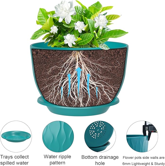 10 Inch Large Plant Pots, Flower Pots with Multi-Mesh Drainage Holes and Saucer, Plastic Planters for Indoor and Outdoor Garden Plants (Black-Green, 10")