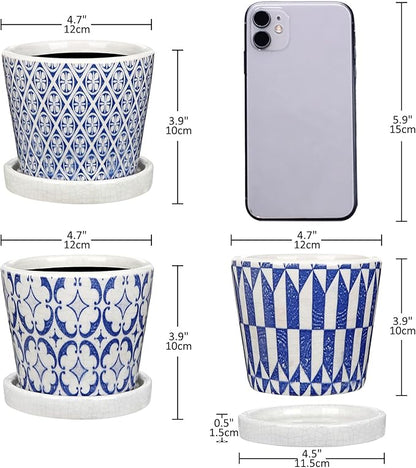 Small Ceramic Pots for Plants, 4.7 inch Blue and White Plant Pot Indoor with Drainage & Saucer Set of 3 Ceramic Planters for Indoor Plants Succulent Pot Decorative Flower Pots for Cactus, Orchid, Herb