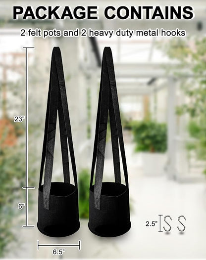 Dual-Use Felt Hanging Planter & Plant Hanger Set - 2 Pack 6.5 Inch with 2 Hooks, Breathable Hanging Planter Basket for Indoor/Outdoor, Balcony Planter for Succulent, Strawberry, Herbs, Orchids (Black)