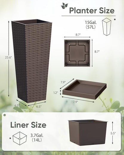 Greesum Set of 2 Tall Plastic Planters with Saucer, 24 Inch Large Pots with Drainage Trays, Weather-Resistant Plastic Plant Containers for Patio, Porch, Garden,Brown