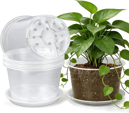 8 Inch Clear Nursery Pots with Drainage and Sacuers, 8 Pack Plastic Pots for Plants Indoor Outdoor, Large Clear Pots for Flowers, Succulents (8inx8pcs)