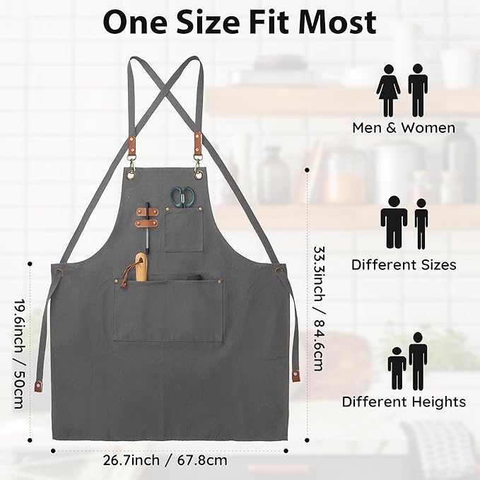 Canvas Aprons, Kitchen Chef Aprons, Work Aprons for Men Women, Adjustable Strap Aprons with 3 Pockets