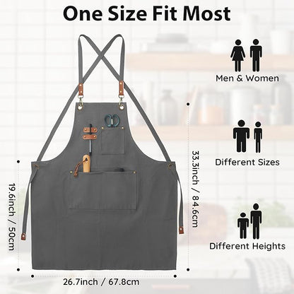 Canvas Aprons, Kitchen Chef Aprons, Work Aprons for Men Women, Adjustable Strap Aprons with 3 Pockets
