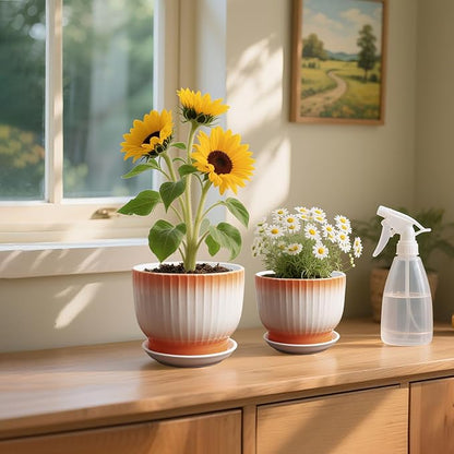 6.7 + 5.5 Inch Ceramic Plant Pots,Planters with Drainage and Saucer,Indoor Pots for Plants,Modern Flower Pots for Home and Office（Orange + White）