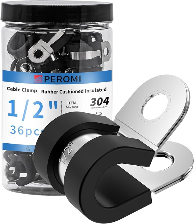 36PCS 1/2" Double Cable Clamps 304 Stainless Steel with Upgraded Riveted Reinforcement. Rubber Cushioned Insulated Loop Clamps for Pipe and Metal Wire