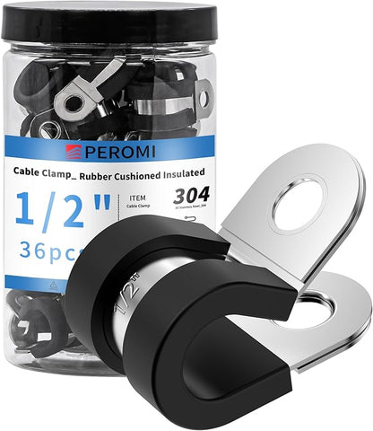 36PCS 1/2" Double Cable Clamps 304 Stainless Steel with Upgraded Riveted Reinforcement. Rubber Cushioned Insulated Loop Clamps for Pipe and Metal Wire