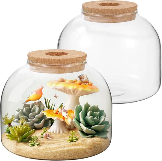 54 oz Glass Fish Bowl Vase with Cork Lid, Clear Bubble Planter Vase Globe Flower Centerpiece, 3 Inch Open Mouth Round Terrarium Vases, 6 Inch Diameter x 5 Inch Height (2PCS)