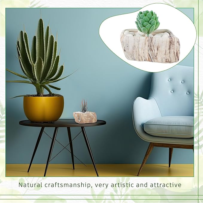 6 Pcs 5.3 Inch Ceramic Succulent Pots Stone Shape Bulk Rectangle Window Box Cactus Plant with Drainage Hole Succulent Planters Small Cactus Pots for Indoor Garden Office Table Decor Gift