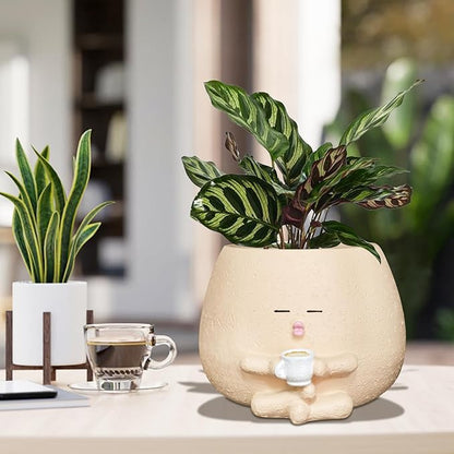 Smily Face Planter Pot with Coffee Cup Cute Resin Flower Head Planters for Indoor Outdoor Unique Sit Succulent Pots with Drainage Hole Gift IdeaI for Mother Christmas (Khaki)