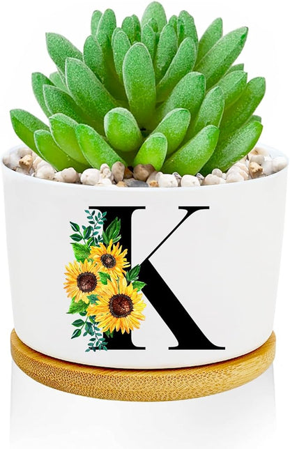 Sunflower Succulent Plant Pots 3 Inch Ceramic Cactus Flower Pots Personalized Initials K Sunflower Gifts for Women Mom Sister,Birthday Housewarming,Wedding,Window Garden Desk Decor