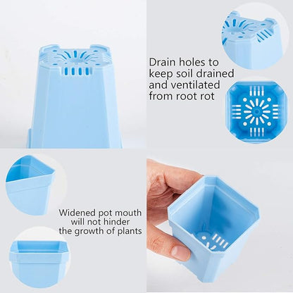 foxany 3" Plants Nursery Pot, 30 Pcs Thick Plastic Square Flower Planting Pots, Plant Seedling Pots, 30 Seed Starting Pots with 30 Saucers -Blue