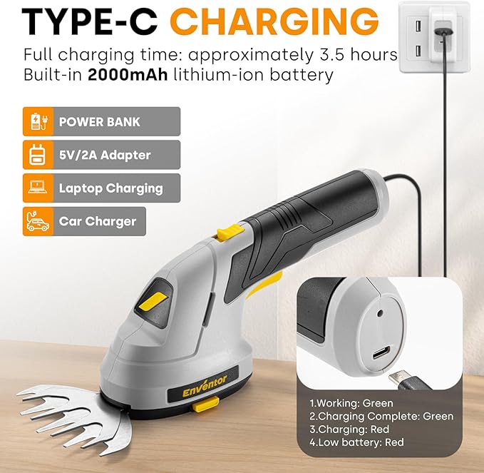 Enventor Cordless Hedge Trimmer and Grass Shear, 7.4V 2000mAh Lithium-ion Rechargeable Battery, 2-in-1 Handheld Electric Grass Trimmer, Small Hedge Cutter with 2 Interchangeable Blades