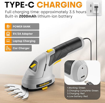 Enventor Cordless Hedge Trimmer and Grass Shear, 7.4V 2000mAh Lithium-ion Rechargeable Battery, 2-in-1 Handheld Electric Grass Trimmer, Small Hedge Cutter with 2 Interchangeable Blades