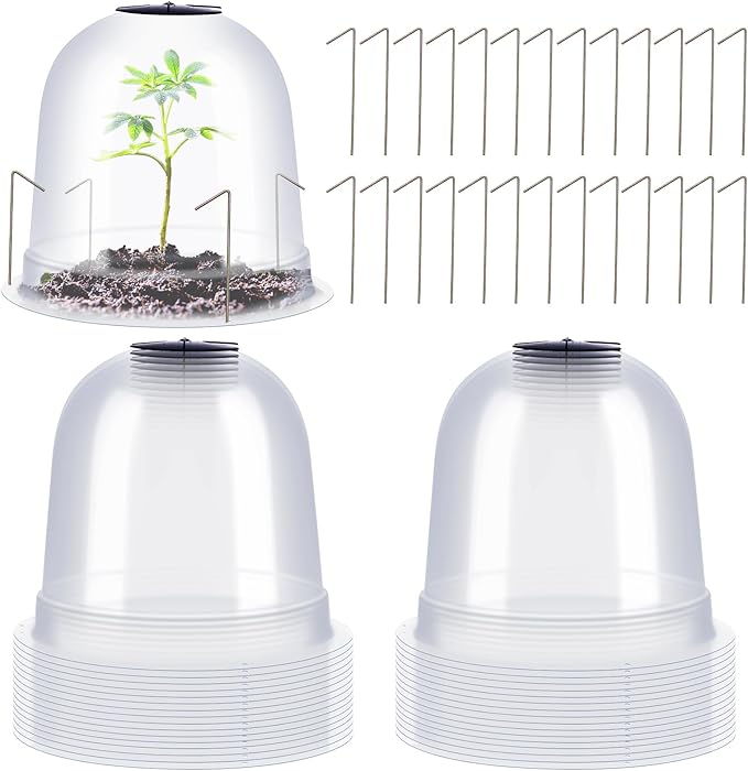 Zopeal 20 Pcs Small Garden Cloche Humidity Plant Dome 7.68" Dia x 6.7" H Reusable Thick Garden Plant Protector Covers Clear Plastic Dome Mini Greenhouses with 80 Securing Pegs for Winter Outdoor Seed