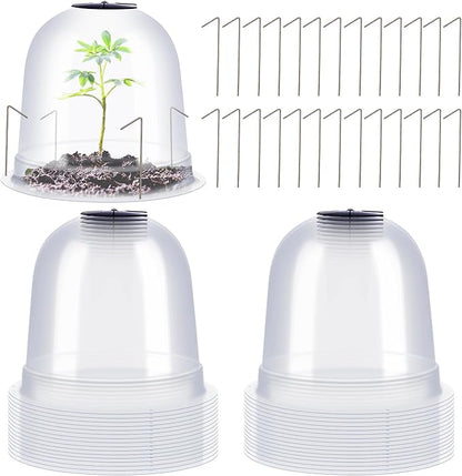 Zopeal 20 Pcs Small Garden Cloche Humidity Plant Dome 7.68" Dia x 6.7" H Reusable Thick Garden Plant Protector Covers Clear Plastic Dome Mini Greenhouses with 80 Securing Pegs for Winter Outdoor Seed