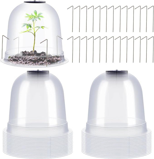 Zopeal 20 Pcs Small Garden Cloche Humidity Plant Dome 7.68" Dia x 6.7" H Reusable Thick Garden Plant Protector Covers Clear Plastic Dome Mini Greenhouses with 80 Securing Pegs for Winter Outdoor Seed