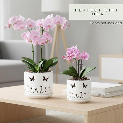 2 Pack, 5 + 6 Inch White Orchid Pots with Butterflies and Tulips Holes and Saucer, Ceramic Orchid Planters for Repotting with Drainage Holes and Tray Indoor Outdoor, Butterfly Gift