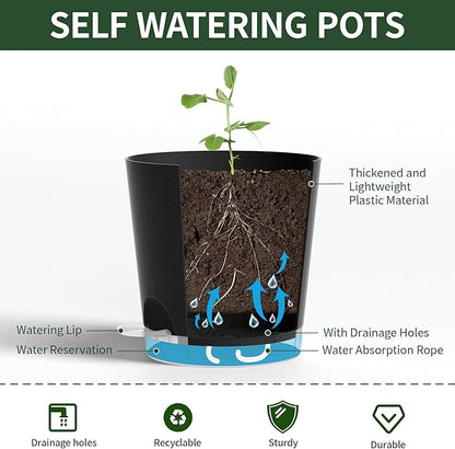 4 Inch 5 Pack Small Self Watering Pots for Indoor Plants, Nursery Pot with Drainage Holes and Saucers, Plastic Small Flower Planter for Succulent, Aloe, Cacti and More(Black)