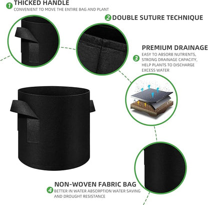 5 Pack 7 Gallon Grow Bags, Heavy Duty Thickened Nonwoven Fabric Pots with Handles, Planter Grow Bags for Vegetables/Flower/Plant/Fruits, Black