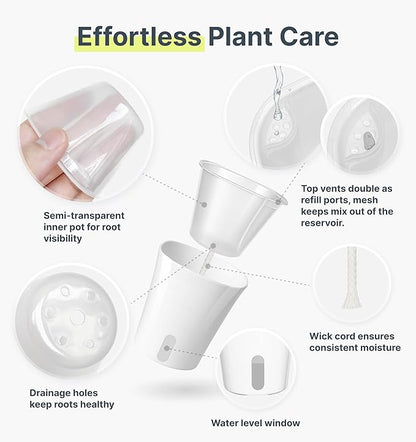 10 Pack 3" Self Watering Pots for Indoor Plants, Clear Inner Cup, Small White Plastic Planters, Water Level Indicator, Drainage Holes, Extra 3ft Wick, Cuttings,Seedlings,Herb,African Violet